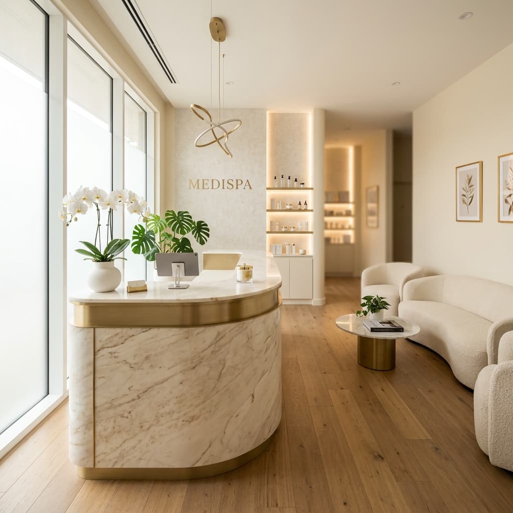 Warm, modern med-spa reception with a front desk and seating